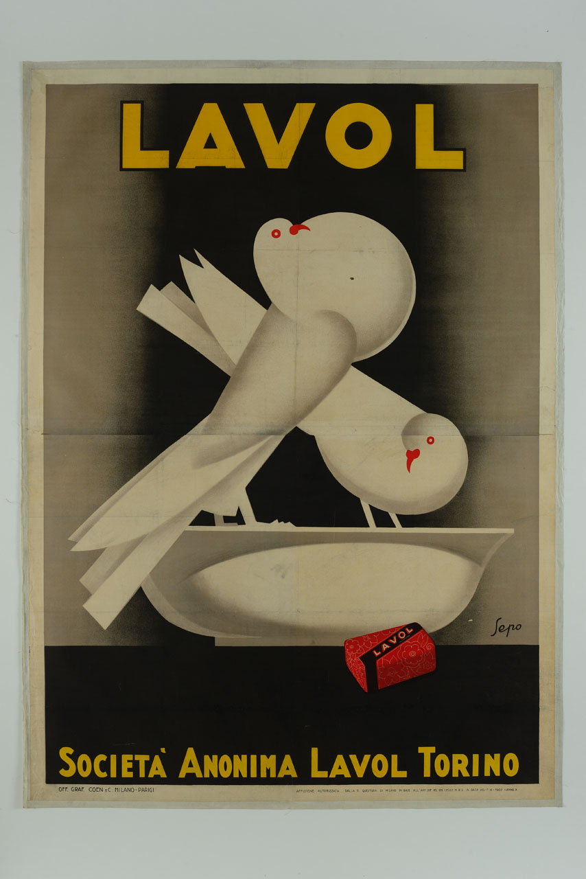 coppia di colombe bianche posate sul bordo di un catino e confezione di sapone (manifesto, stampa composita) di Pozzati Severo detto Sepo (sec. XX)