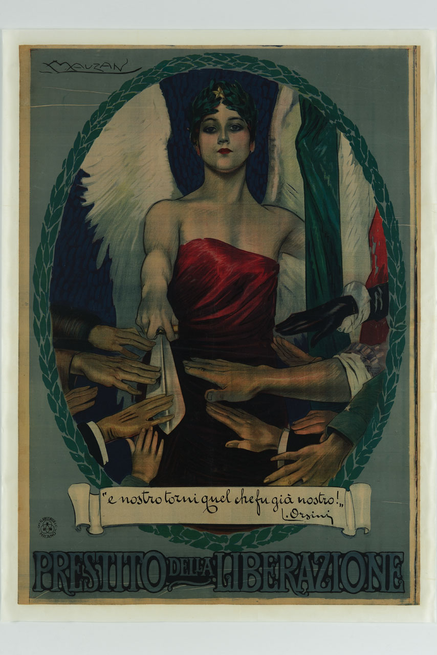 mani tese verso la spada impugnata dalla Vittoria alata con Stella d'Italia e tricolore (manifesto) di Mauzan Achille Luciano (sec. XX)