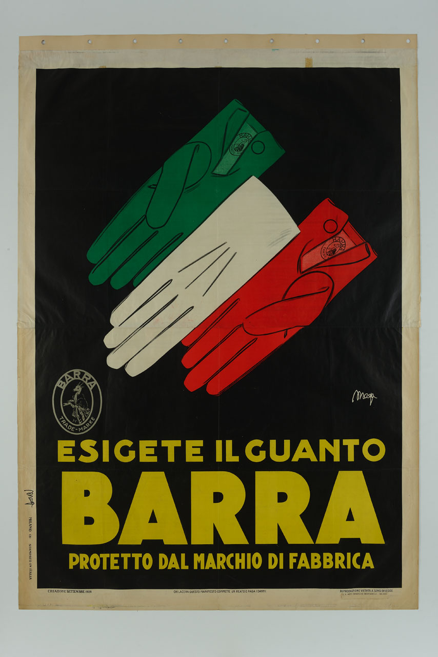 tre guanti colorati formano la bandiera italiana (manifesto, stampa composita) di Magagnoli Giuseppe detto Maga (sec. XX)