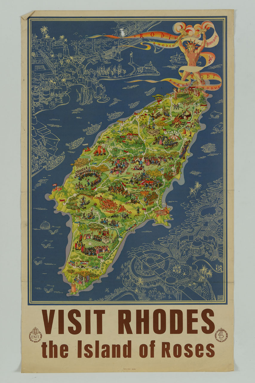 cartina turistica di Rodi con il Colosso e le vedute della città (manifesto) di Huber Egon (sec. XX)