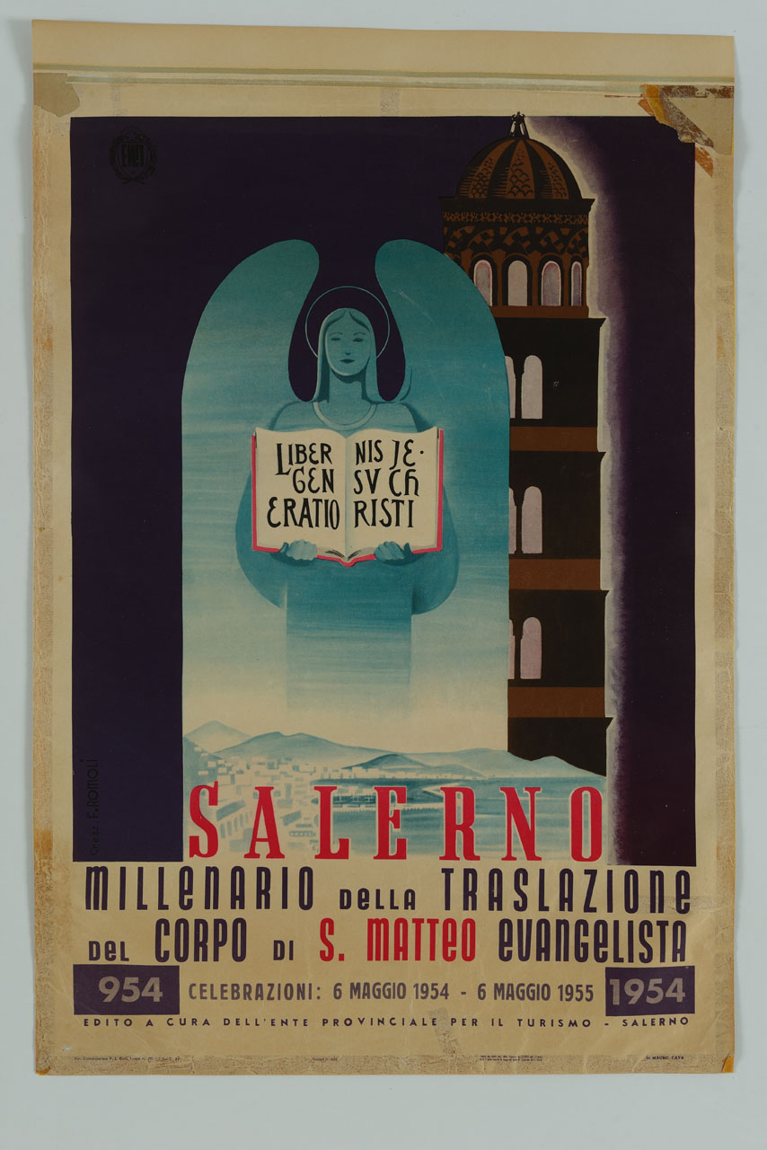 angelo con Sacra Scrittura tra le mani e campanile del Duomo di Salerno sullo sfondo (manifesto) di Romoli Filippo (sec. XX)