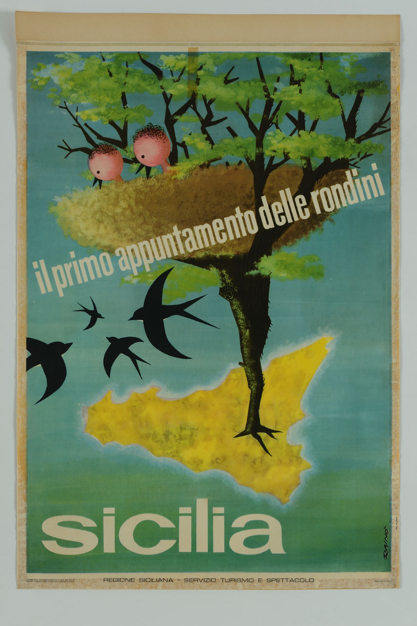 albero radicato nella sagoma della Sicilia con nido e rondinelle tra le fronde (manifesto) di Rainò - ambito italiano (sec. XX)