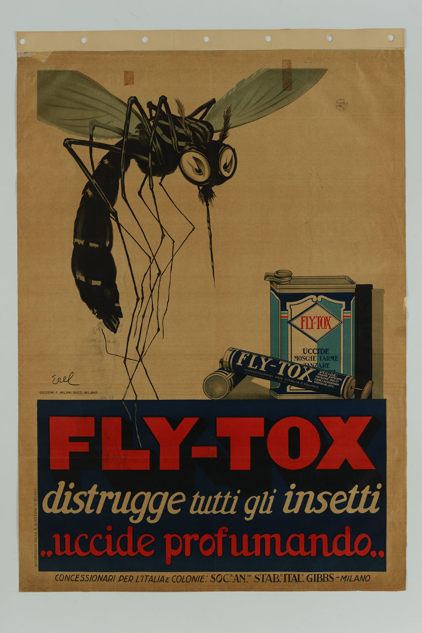 zanzara pronta a pungere e confezioni di insetticida (manifesto) di Erel - ambito francese (sec. XX)