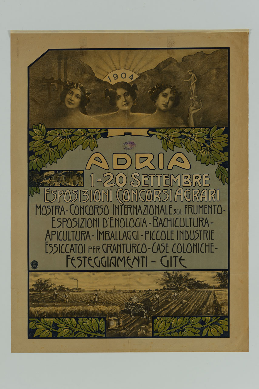 tre figure femminili allegoriche sotto il sole nascente e campi coltivati (manifesto) - ambito italiano (sec. XX)