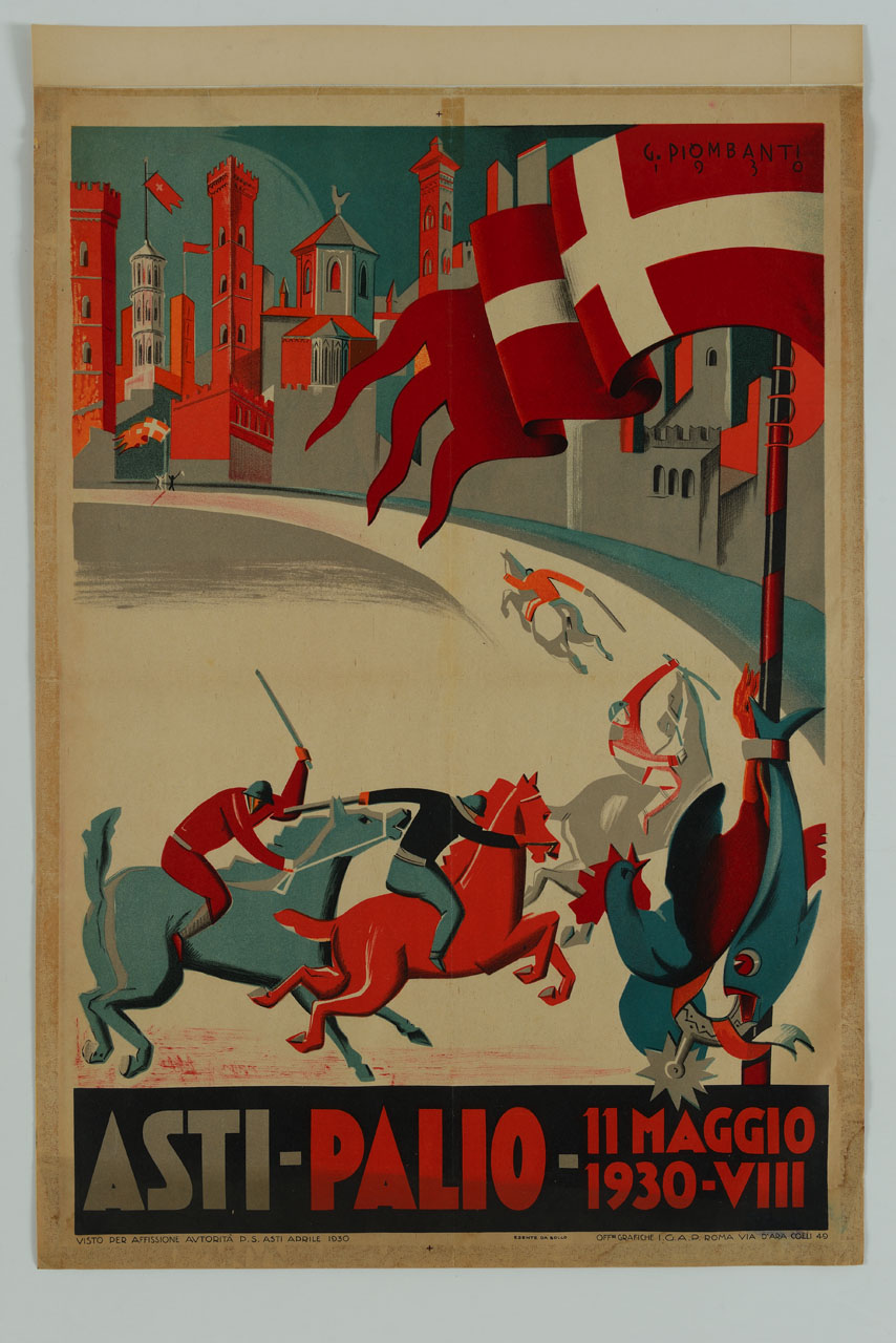 corsa di cavalli con edifici storici sullo sfondo (manifesto) di Piombanti Ammannati Giuseppe (sec. XX)