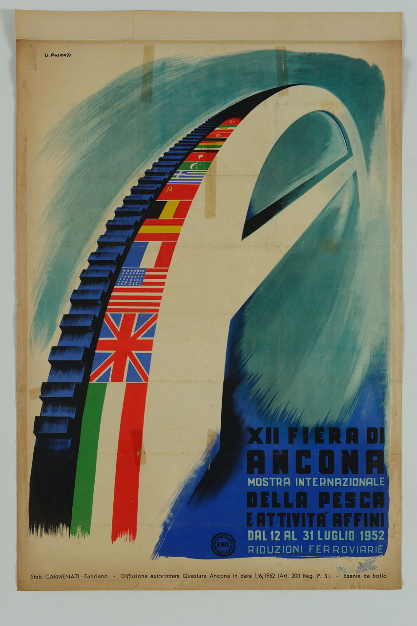 ruota dentata e arco superiore della lettera A coperto di bandiere (manifesto) di Polenti Umberto (sec. XX)