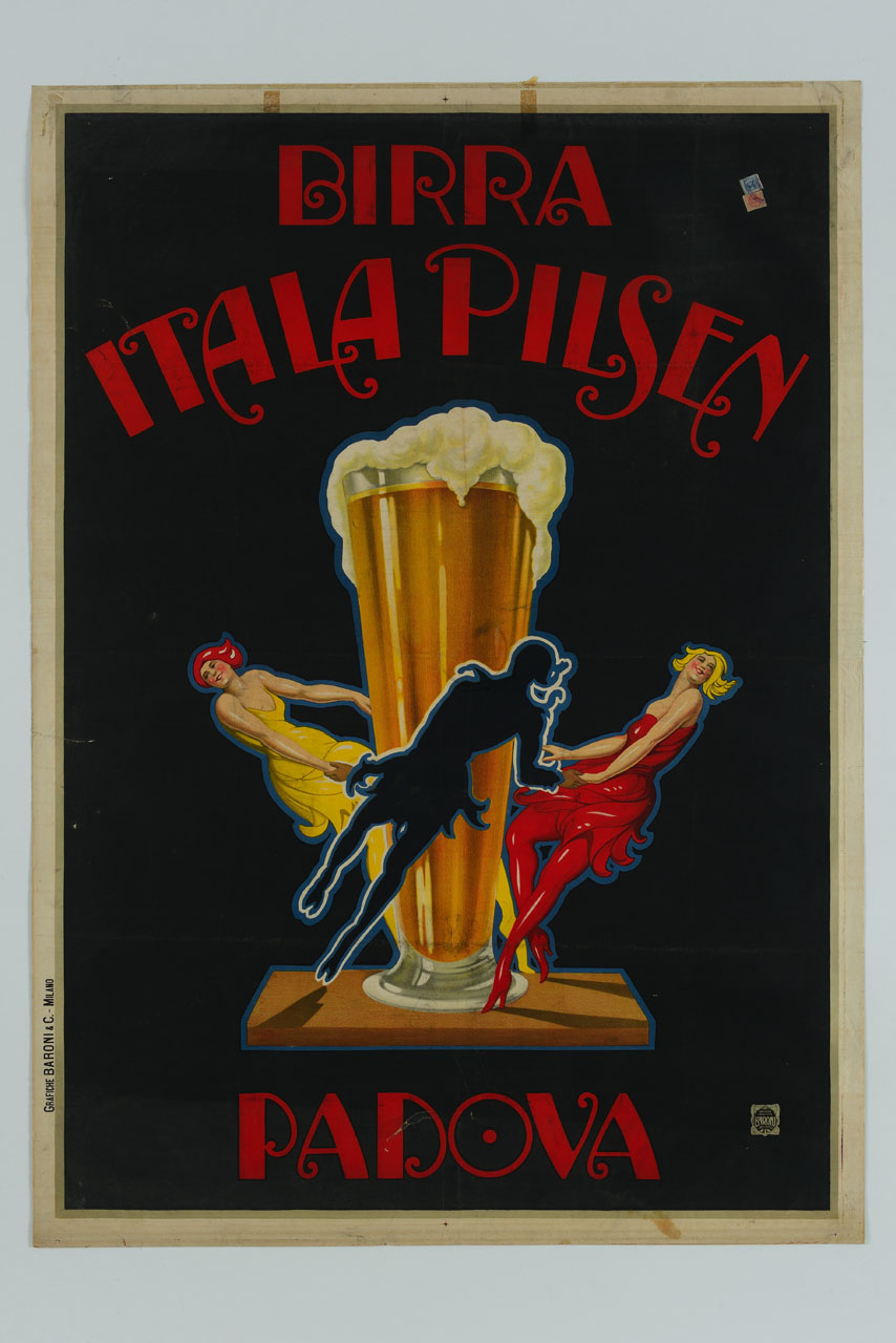 donne fanno un girotondo attorno ad un boccale di birra (manifesto) - ambito italiano (sec. XX)