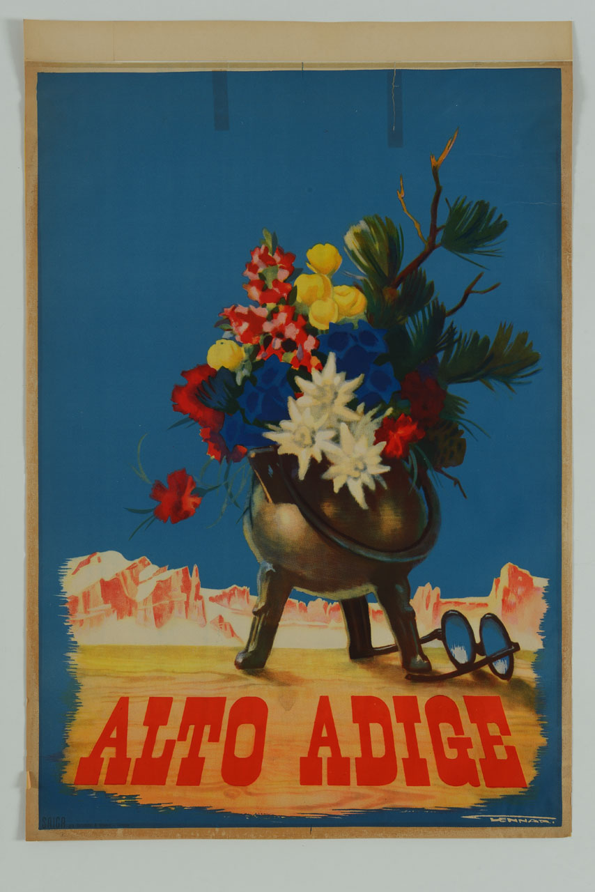 vette alpine sullo sfondo di un vaso di fiori e di un paio di occhiali (manifesto) di Gennari o Vennari - ambito italiano (sec. XX)