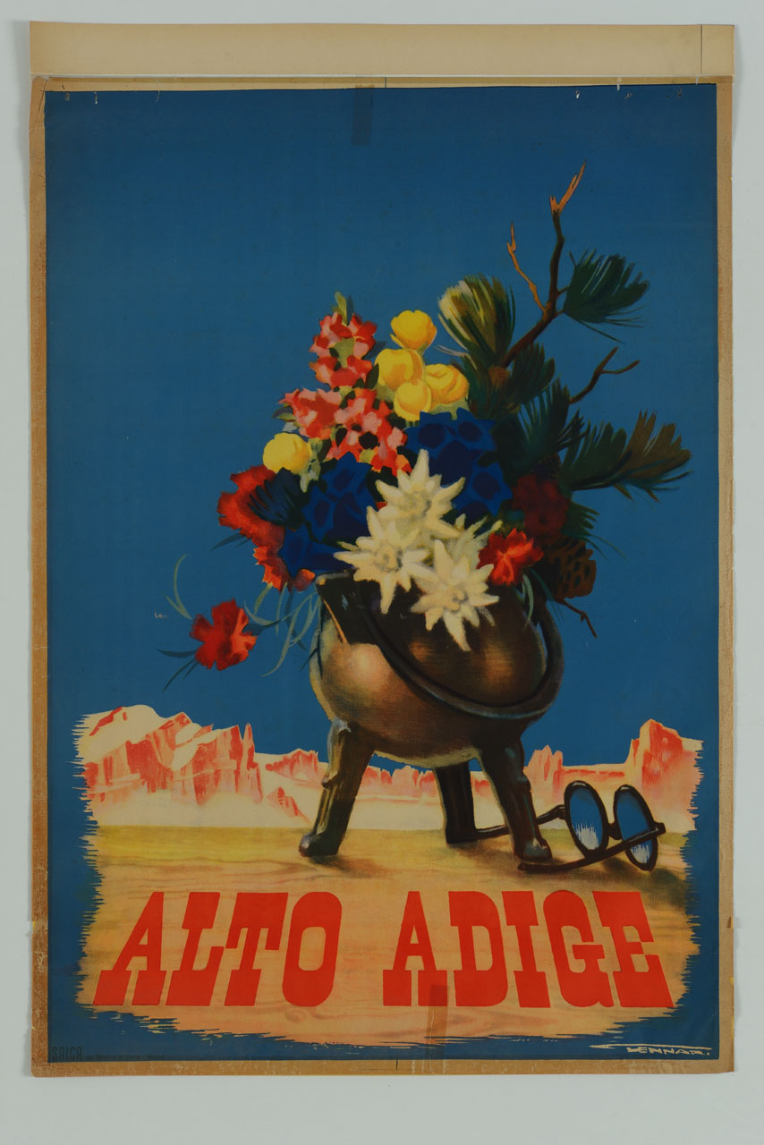 vette alpine sullo sfondo di un vaso di fiori e di un paio di occhiali (manifesto) di Gennari o Vennari - ambito italiano (sec. XX)