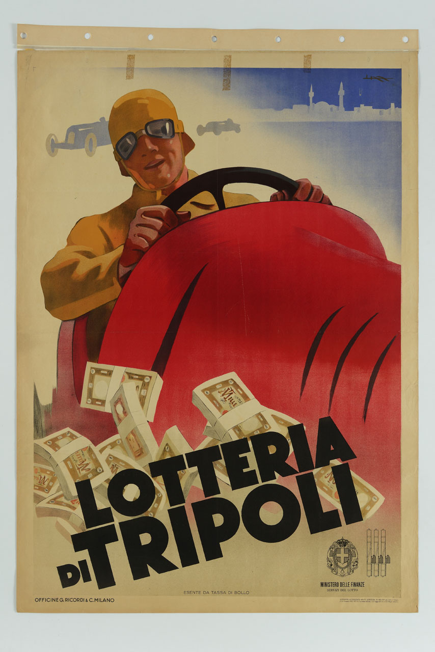 uomo al volante di un'automobile accanto a mazzette di banconote (manifesto) di Metlicovitz Leopoldo (sec. XX)