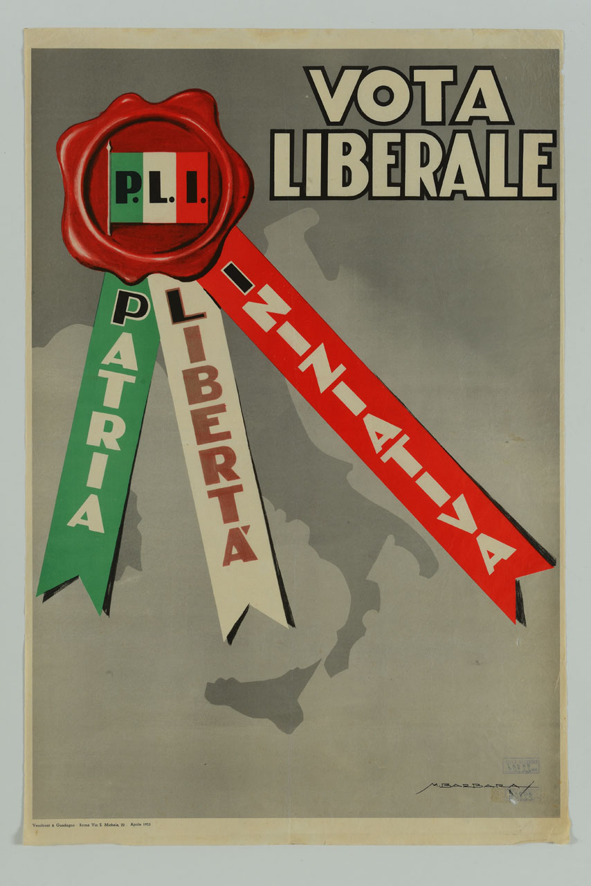 coccarda tricolore appuntata sulla sagoma dell'Italia (manifesto) di Barbara Mameli (sec. XX)