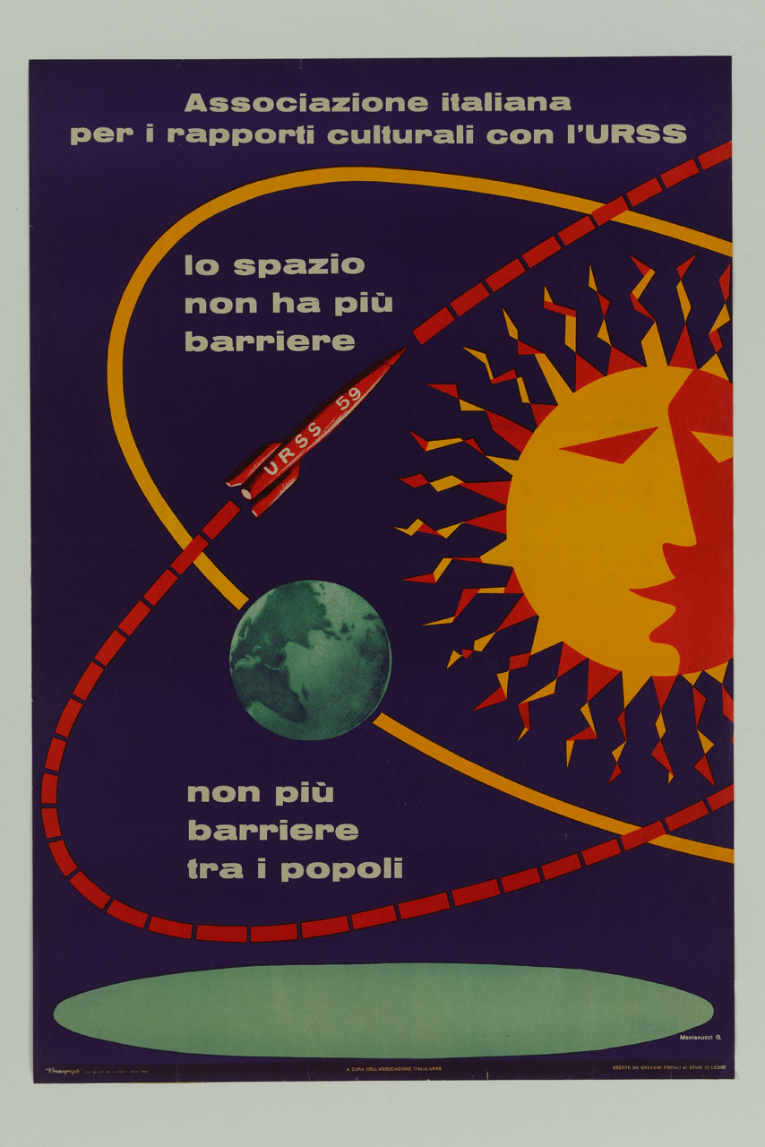 pianeta Terra e razzo spaziale in orbita attorno al sole (manifesto) di Montanucci Giuseppe (sec. XX)