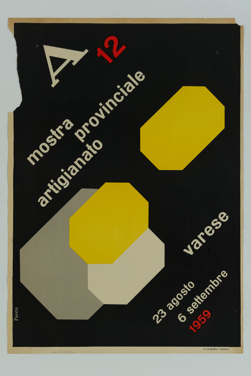 forme ottagonali sovrapposte su fondo nero (manifesto) di Pavesi Giorgio (sec. XX)