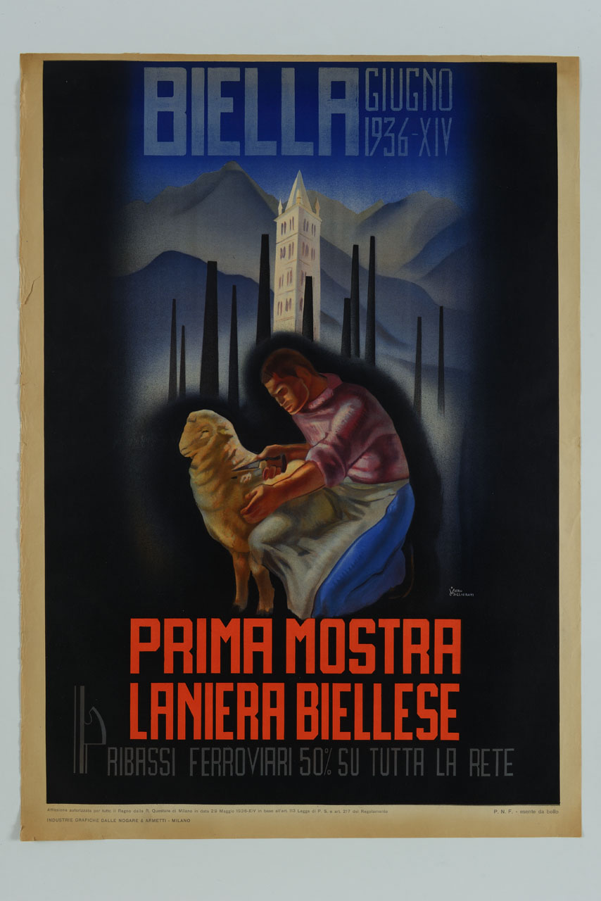 uomo inginocchiato mentre tosa il vello di una pecora sullo sfondo il campanile di Santo Stefano a Biella (manifesto) di Migliorati Viero (sec. XX)