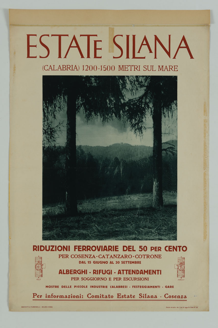 scorcio di paesaggio montano in estate tra due alberi (manifesto) - ambito italiano (sec. XX)