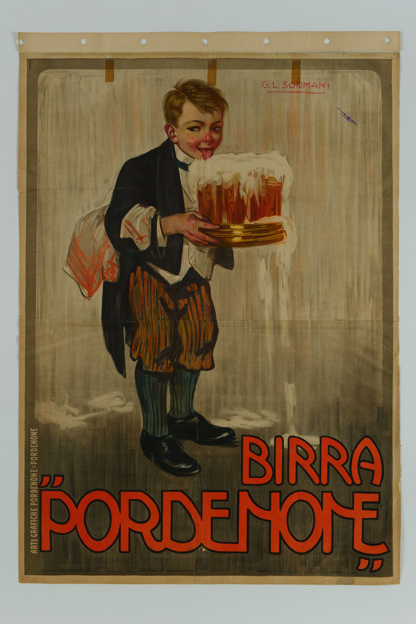cameriere lecca la schiuma di birra in boccali (manifesto) di Sormani Gian Luciano (secc. XIX/ XX)