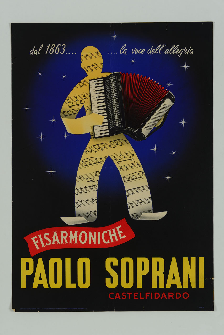 omino di carta da musica suona la fisarmonica (locandina) - ambito italiano (sec. XX)