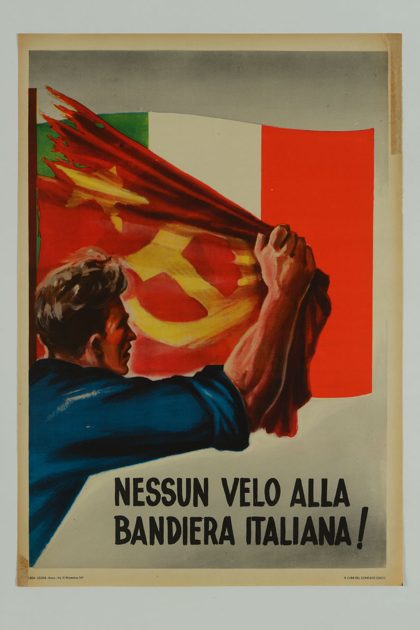 uomo strappa una bandiera del PCI e scopre una bandiera tricolore (manifesto) - ambito italiano (sec. XX)