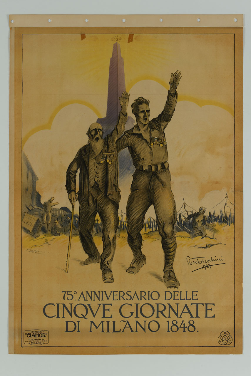 due soldati con medaglie sullo sfondo di macerie, trincee e obelisco (manifesto) di Todeschini Piero (sec. XX)