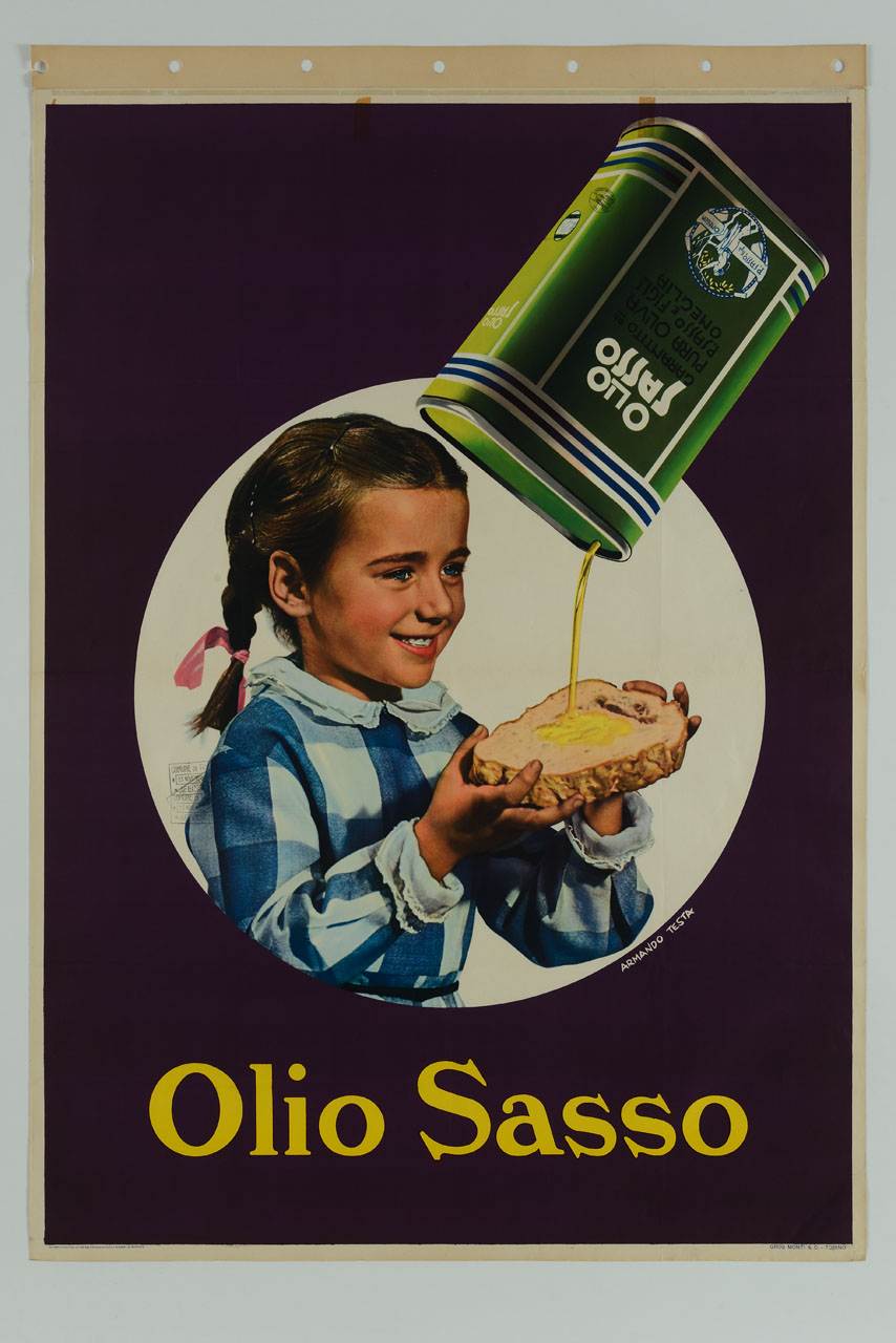bambina regge una fetta di pane su cui scende olio d'oliva da una lattina (manifesto) di Testa Armando (sec. XX)