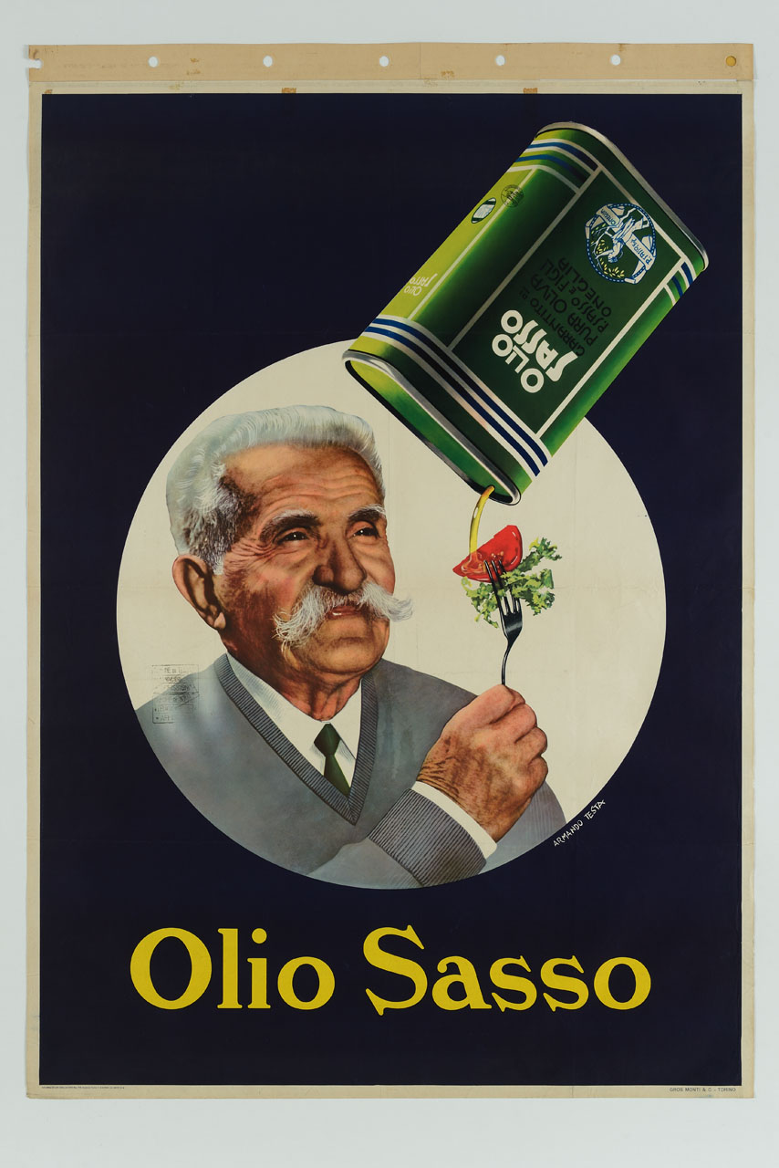 uomo anziano regge una forchetta con pomodoro e insalata su cui scende olio d'oliva da una lattina (manifesto) di Testa Armando (sec. XX)