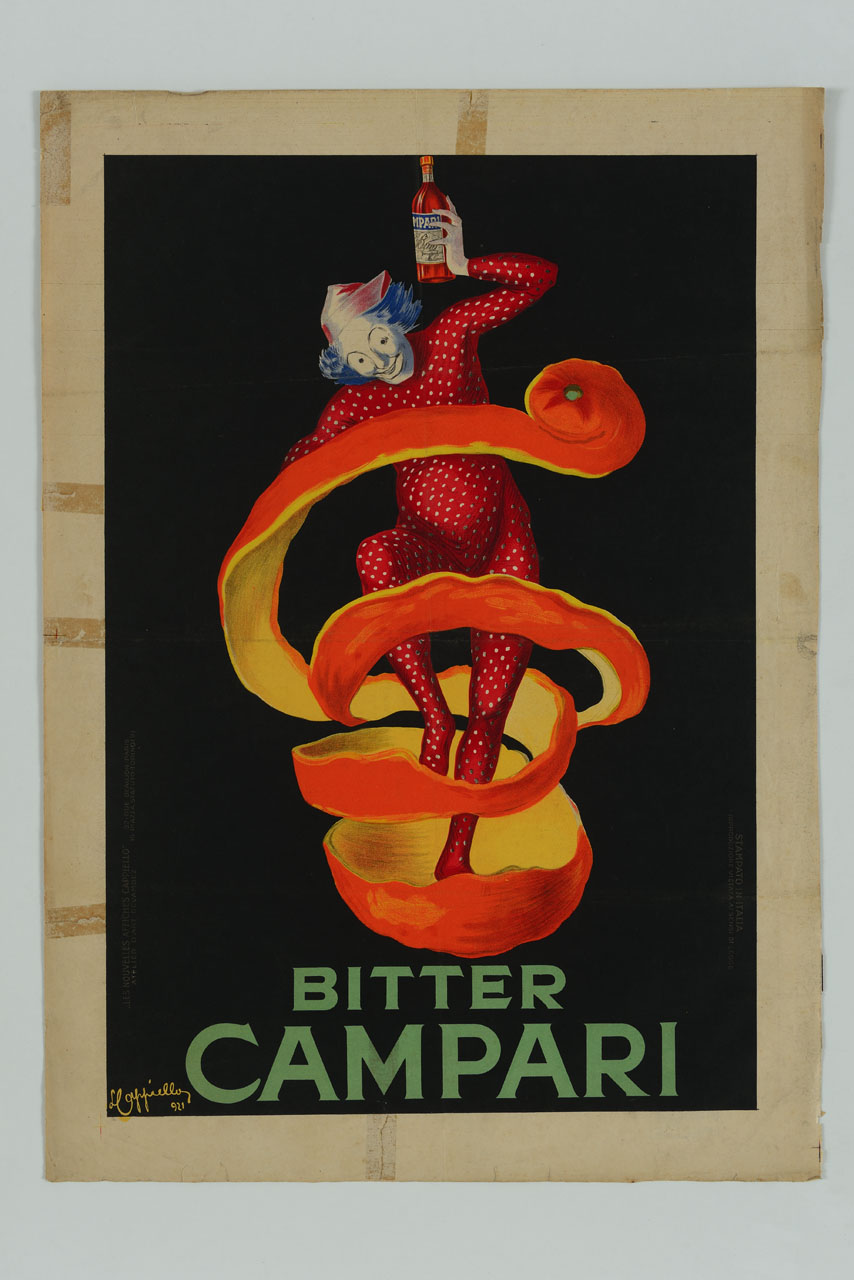 clown solleva una bottiglia avvolto da una buccia di arancia (locandina) di Cappiello Leonetto (sec. XX)