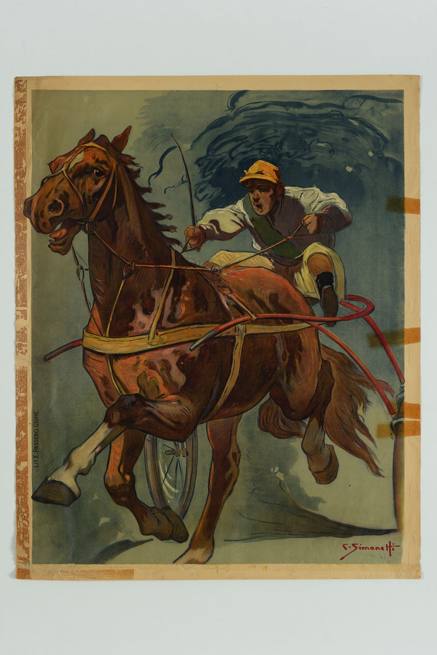 fantino lancia al trotto il cavallo (manifesto) di Simonetti Angelo Cesare (sec. XX)