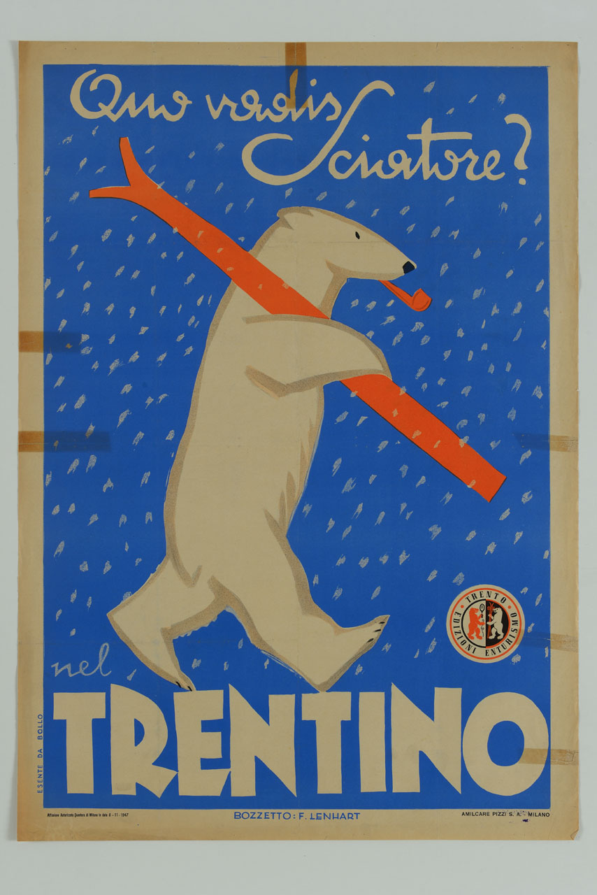 orso bianco con pipa in bocca e sci in spalla cammina sotto la neve (manifesto) di Lenhart Franz (sec. XX)