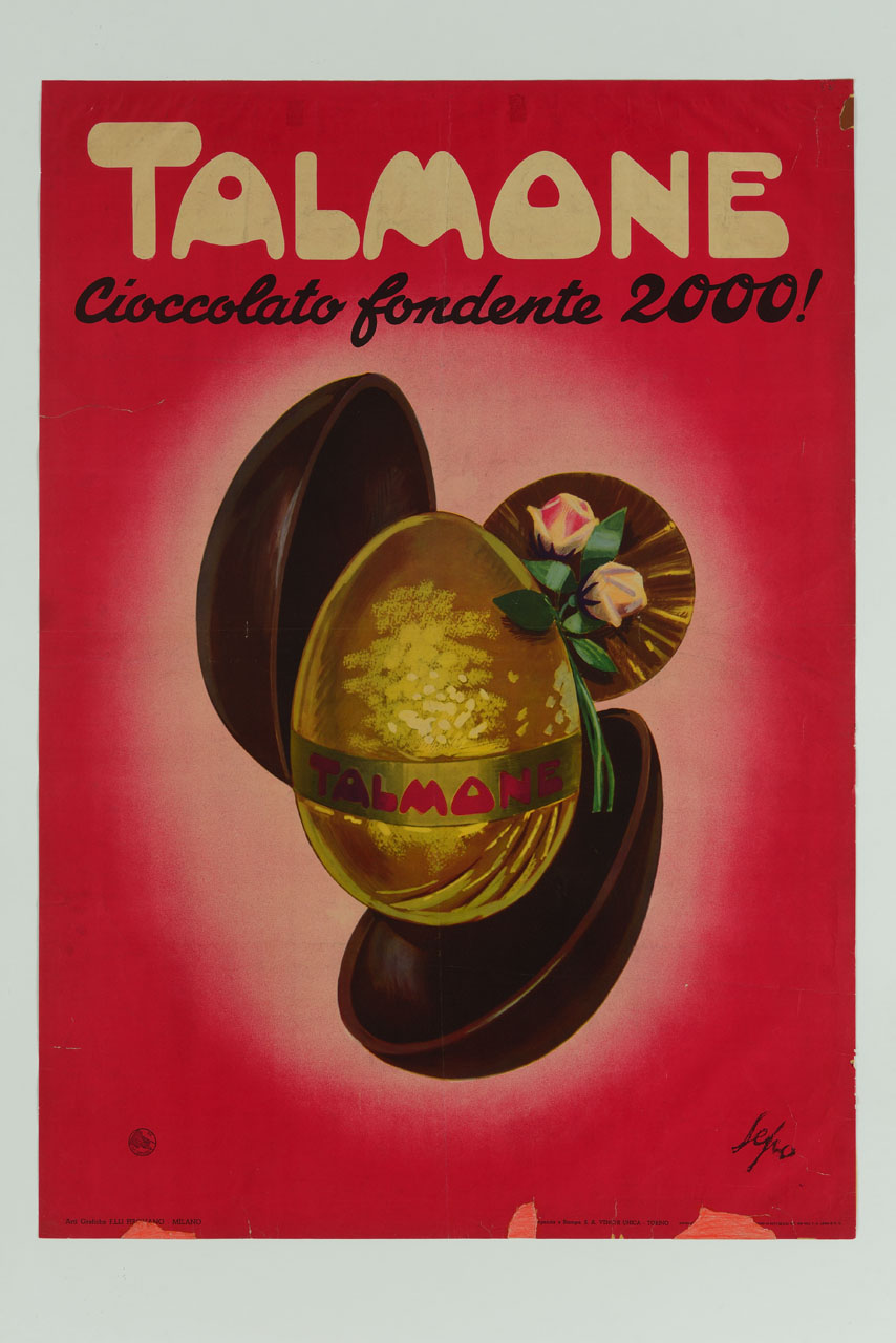uovo di Pasqua dorato con fiori tra due mezze uova di cioccolato (manifesto) di Pozzati Severo detto Sepo (sec. XX)