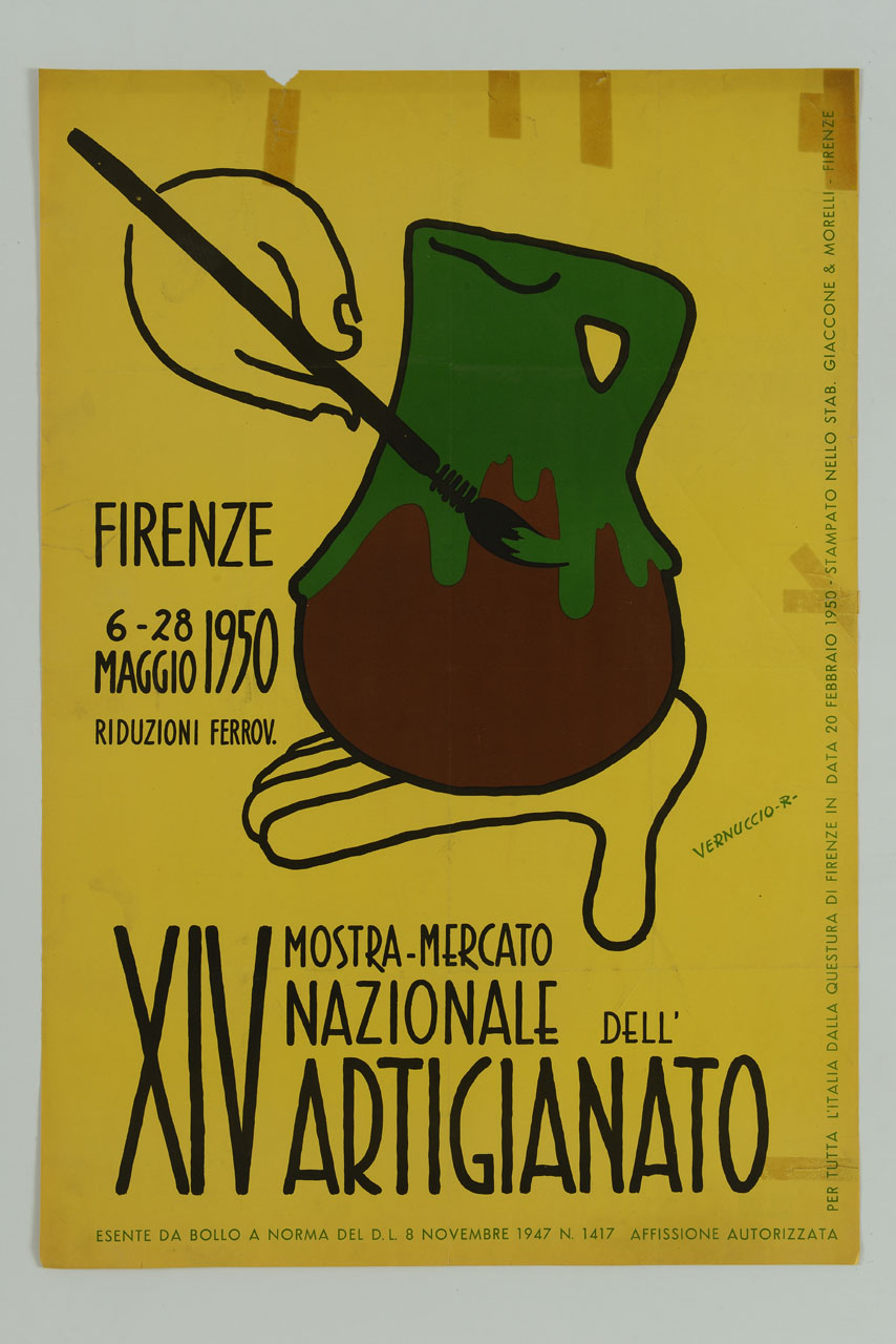 brocca in ceramica sostenuta sul palmo di una mano viene dipinta con un pennello (manifesto) di Vernuccio Rosario (sec. XX)