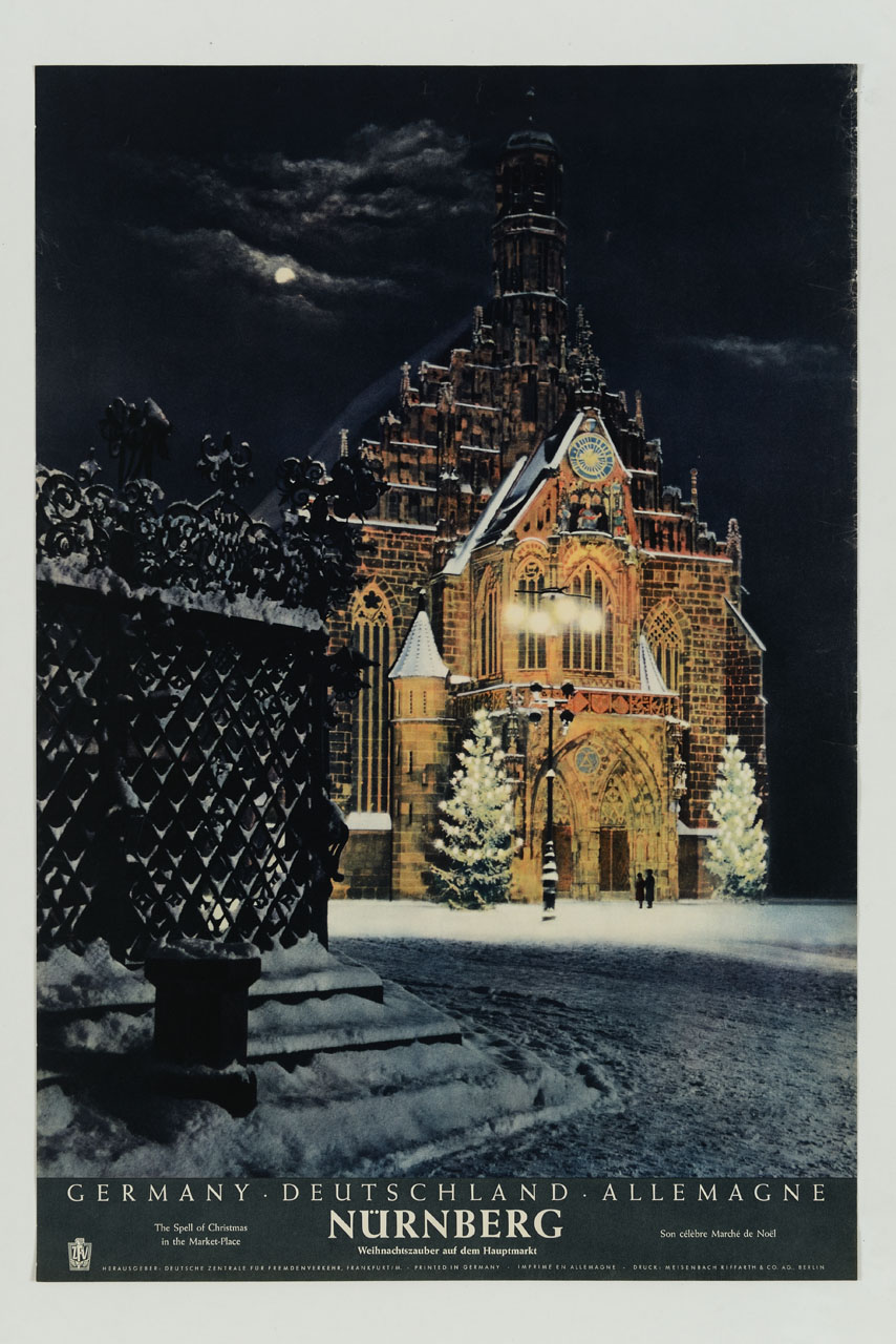 veduta notturna della Frauenkirche di Norimberga sotto la neve (locandina) - ambito tedesco (sec. XX)