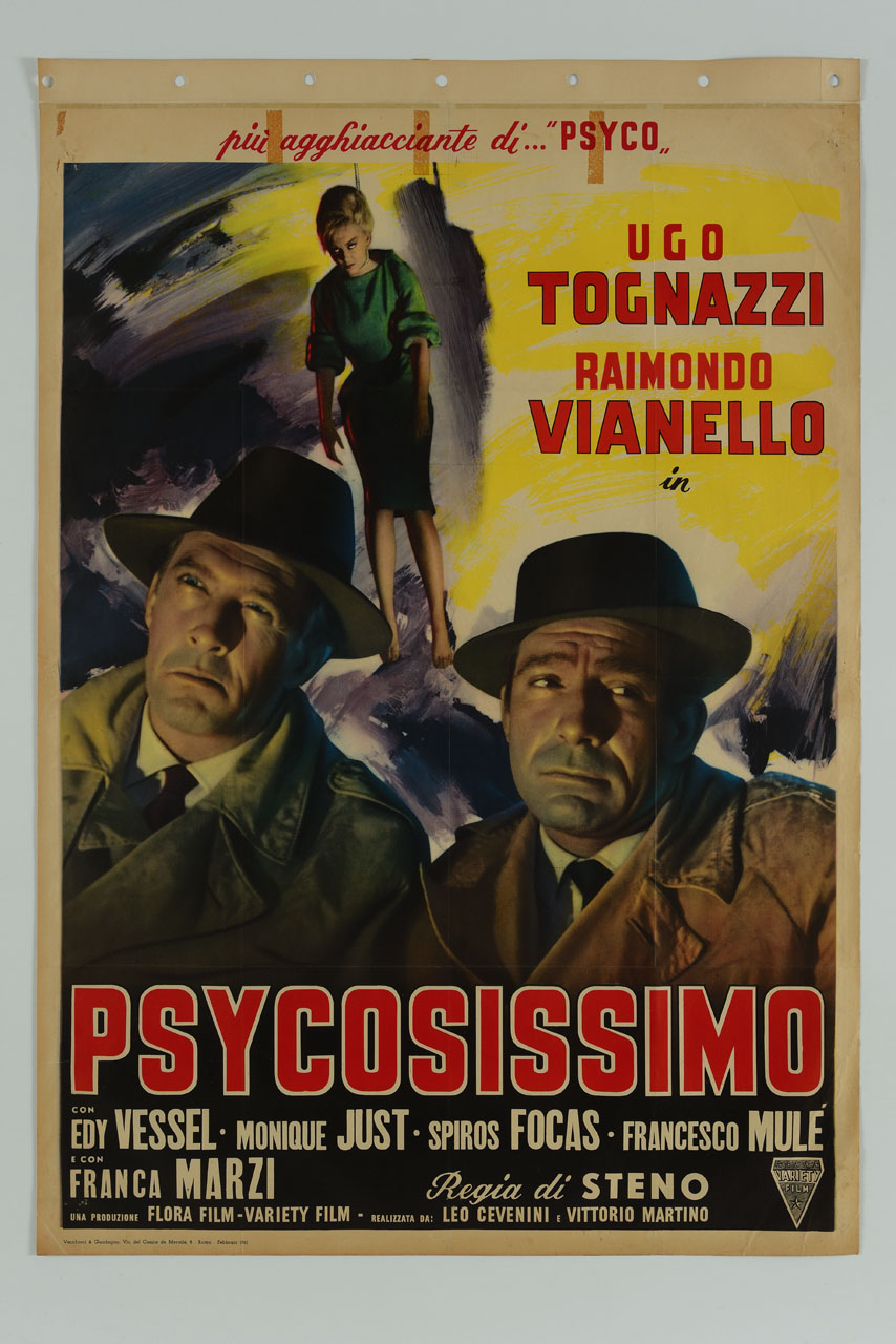 ritratti di Raimondo Vianello e Ugo Tognazzi, in alto donna impiccata (manifesto) - ambito italiano (sec. XX)