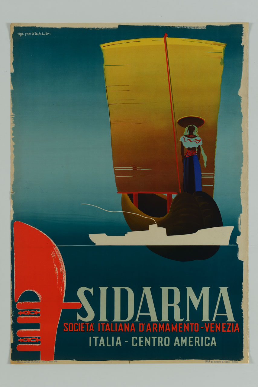 donna in abiti tradizionali in piedi su imbarcazione a vela (manifesto) di Riccobaldi Del Bava Giuseppe (sec. XX)