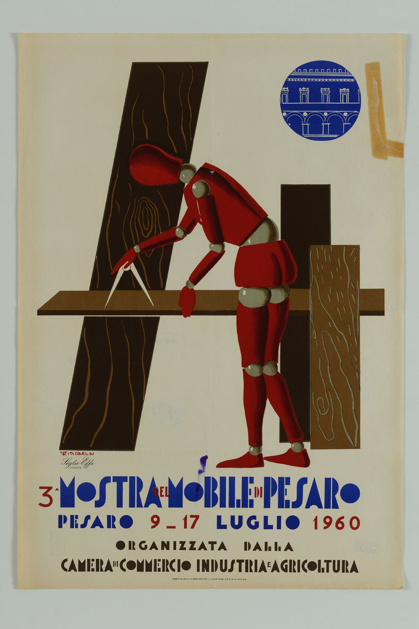 manichino snodabile segna con un compasso un'asse in legno (manifesto) di Riccobaldi Del Bava Giuseppe (sec. XX)