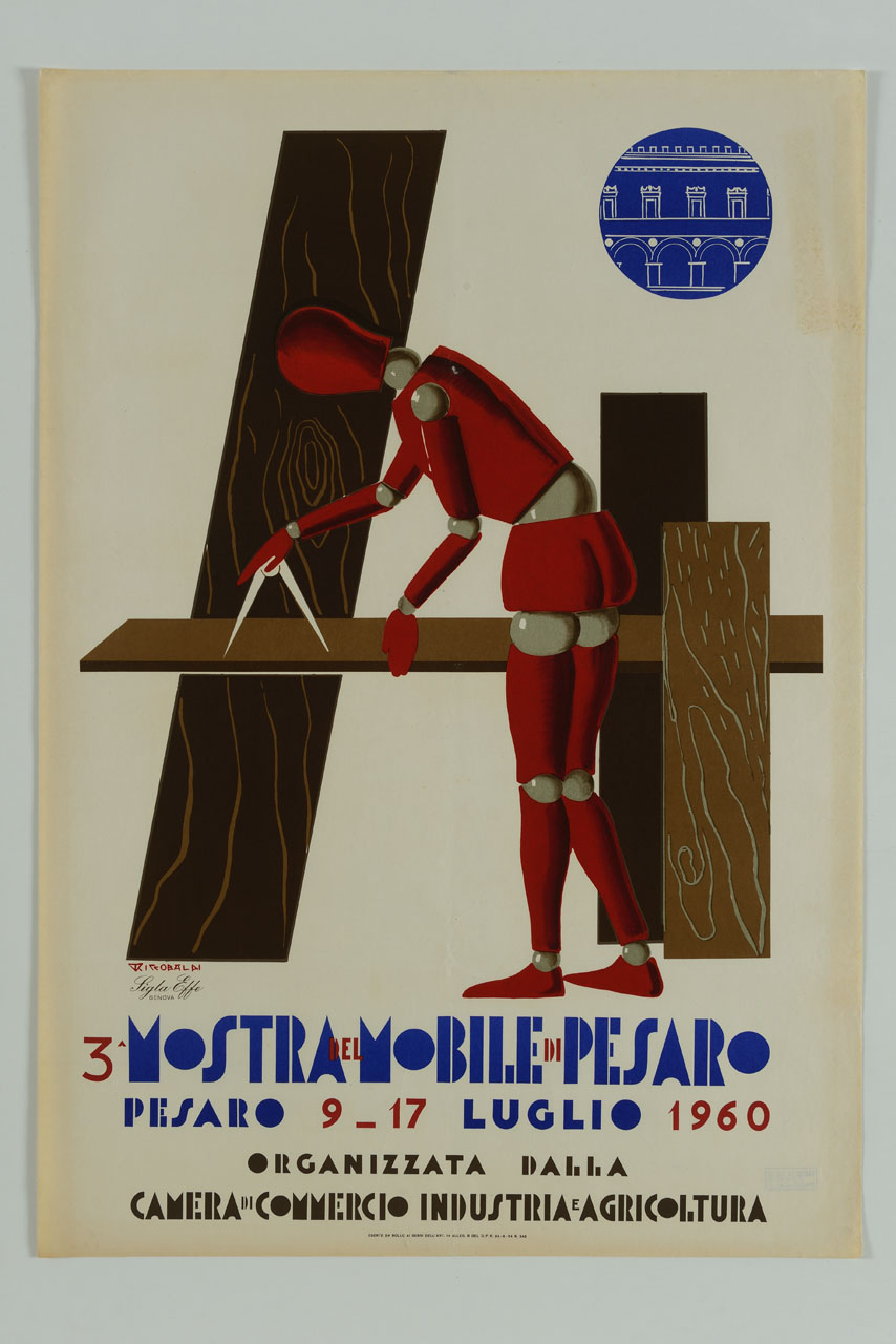 manichino snodabile segna con un compasso un'asse in legno (manifesto) di Riccobaldi Del Bava Giuseppe (sec. XX)
