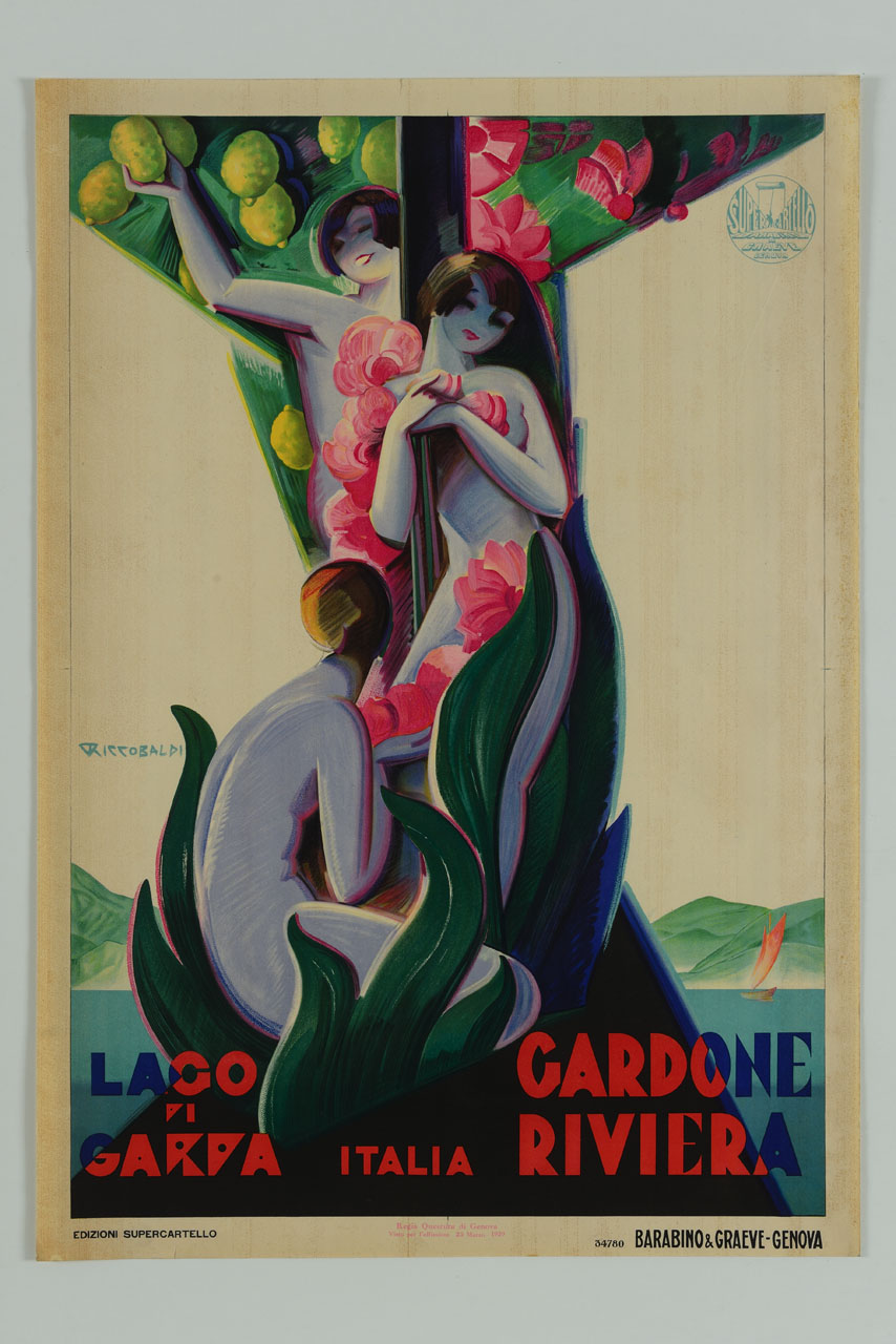 tre donne nude con fiori e limoni in mano sullo sfondo del lago di Garda (manifesto) di Riccobaldi Del Bava Giuseppe (sec. XX)
