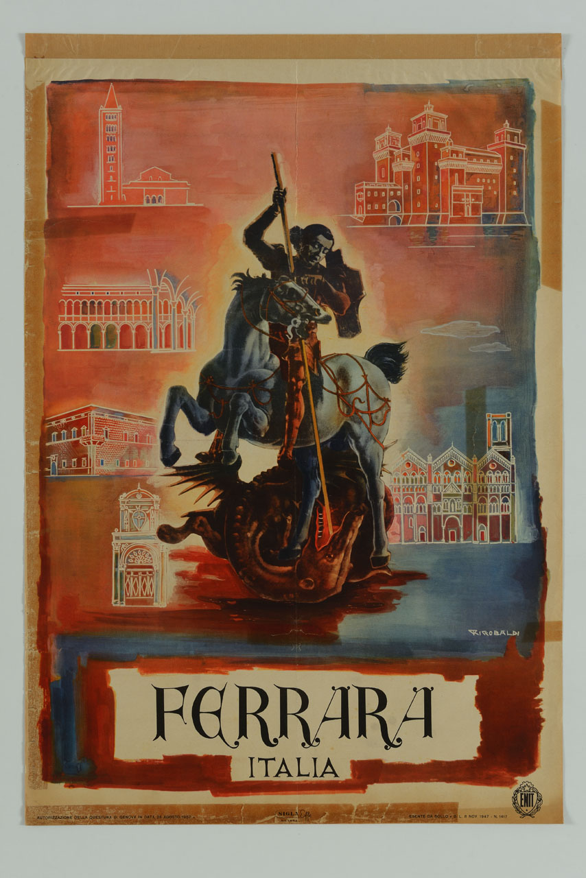 dipinto con San Giorgio e il drago di Cosmè Tura sullo sfondo di monumenti della città di Ferrara (manifesto) di Riccobaldi Del Bava Giuseppe (sec. XX)