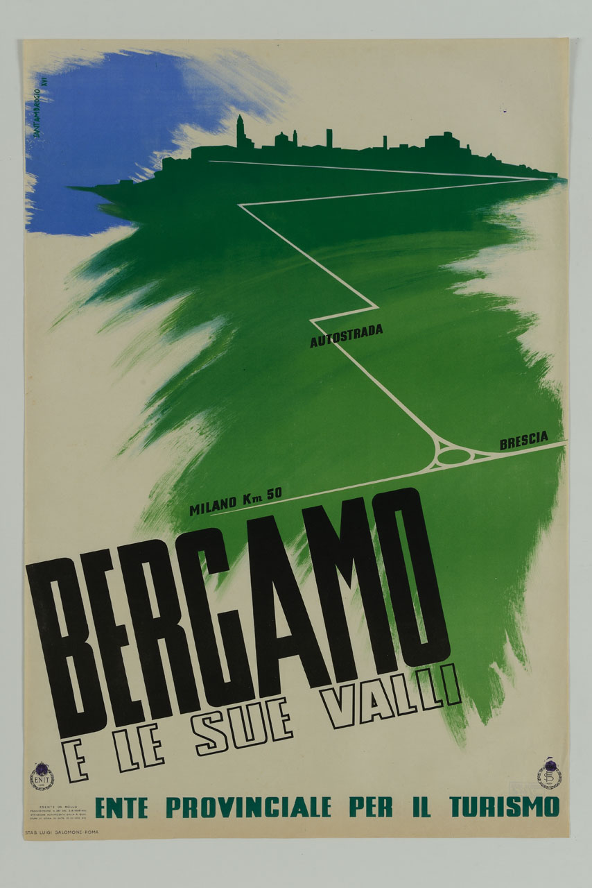 tracciato stradale conduce alla città di Bergamo (manifesto) di Santambrogio Diego (sec. XX)