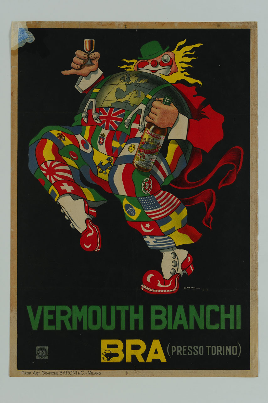 clown con bottiglia e bicchiere in mano e pantaloni disegnati con bandiere nazionali (manifesto) di Petiti Guido (sec. XX)