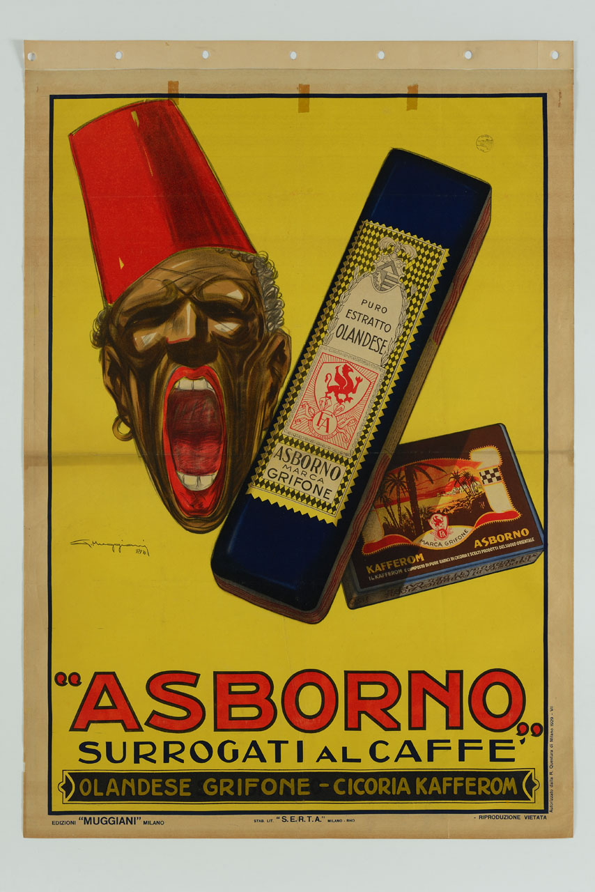 volto di moro con fez rosso strilla per pubblicizzare il prodotto (manifesto) di Muggiani Giorgio (sec. XX)