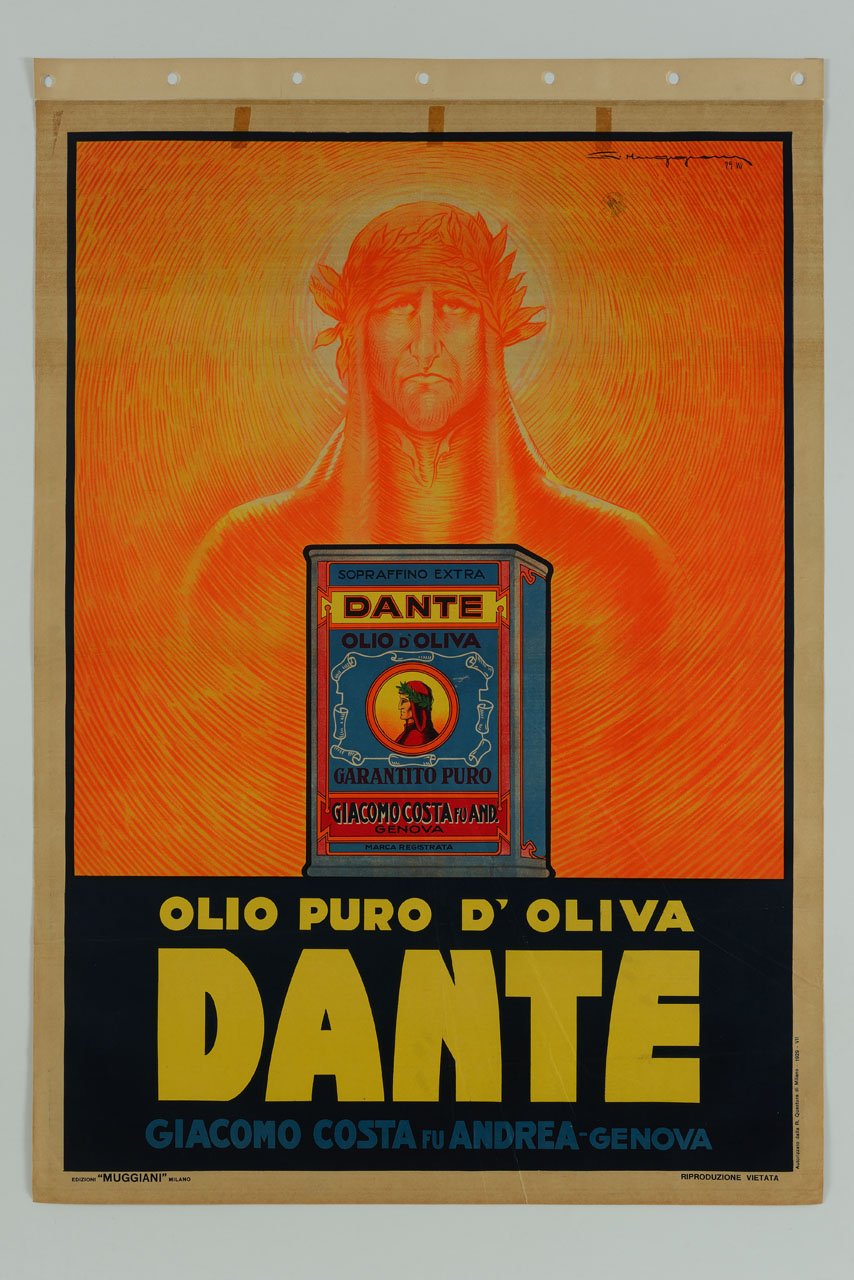 lattina di olio d'oliva e sullo sfondo apparizione dello spirito di Dante Alighieri (manifesto) di Muggiani Giorgio (sec. XX)