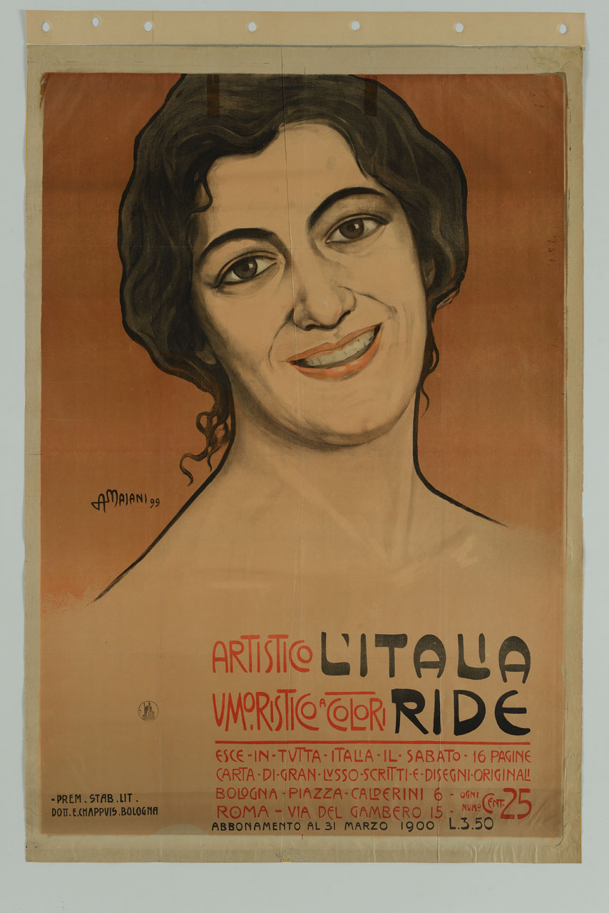 donna a mezzo busto sorridente (manifesto) di Majani Augusto detto Nasica (secc. XIX/ XX)