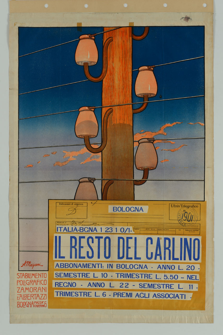 palo del telegrafo su sfondo di cielo azzurro (manifesto) di Majani Augusto detto Nasica (sec. XX)