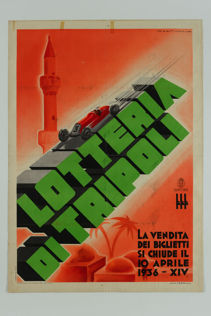 automobile da corsa sfreccia sopra le scritte e sullo sfondo minareti e palme (manifesto) di Martinati Luigi (sec. XX)