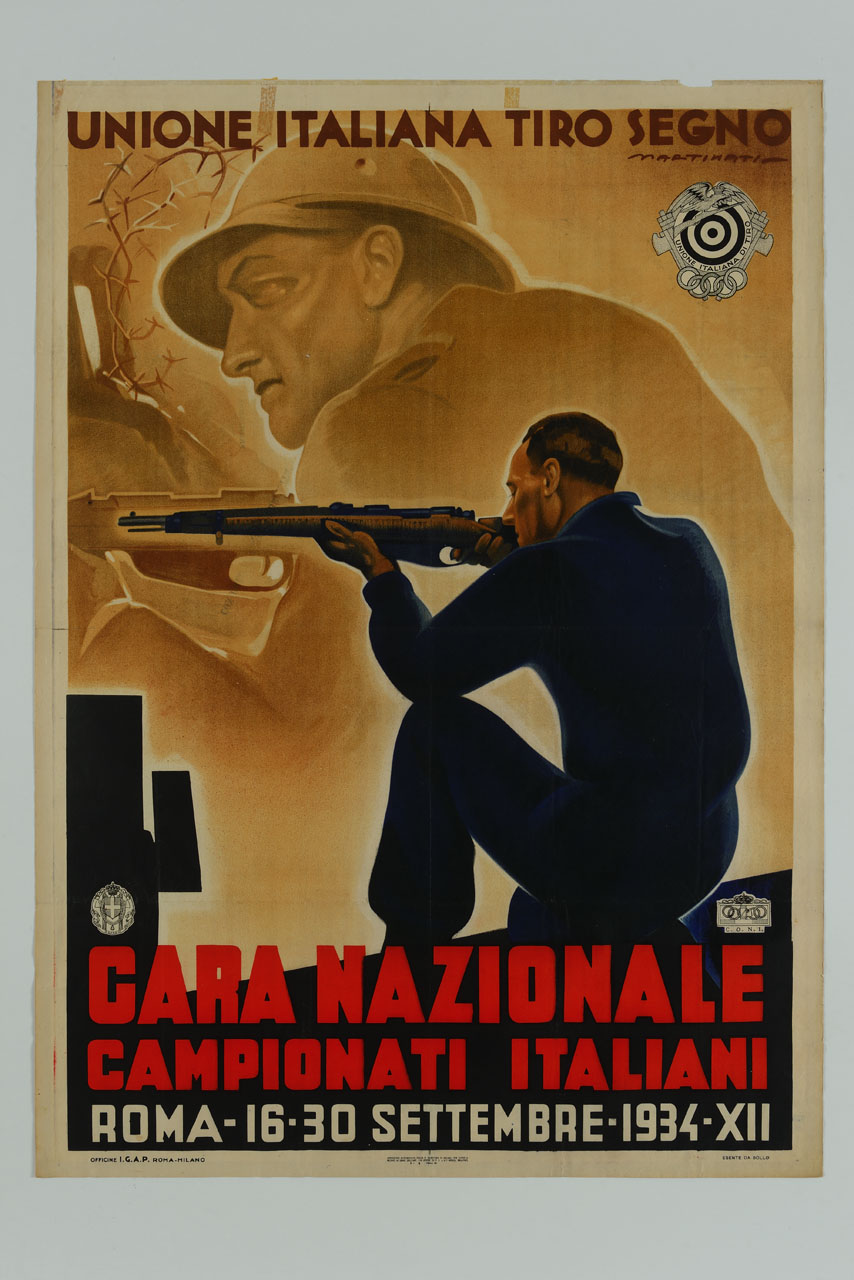 tiratore con fucile in posizione inginocchiata (manifesto) di Martinati Luigi (sec. XX)
