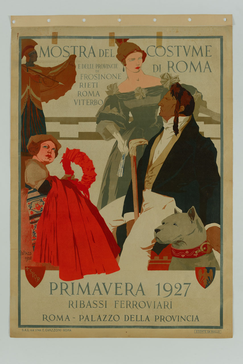 uomo e donna in costume con cane in primo piano e guerriero sullo sfondo (manifesto) di Bottazzi Umberto (sec. XX)