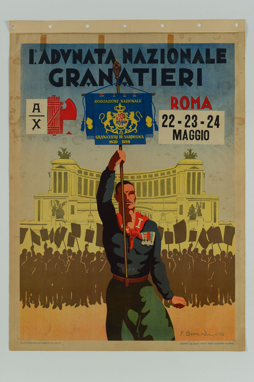 granatiere con vessillo guida un corteo davanti al Vittoriano (manifesto) di Berardi F - ambito italiano (sec. XX)