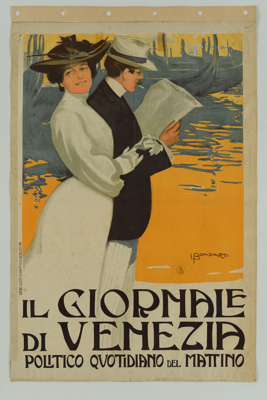 donna sottobraccio ad un uomo che legge il giornale sullo sfondo di gondole a Venezia (manifesto) di Bompard Luigi (inizio sec. XX)