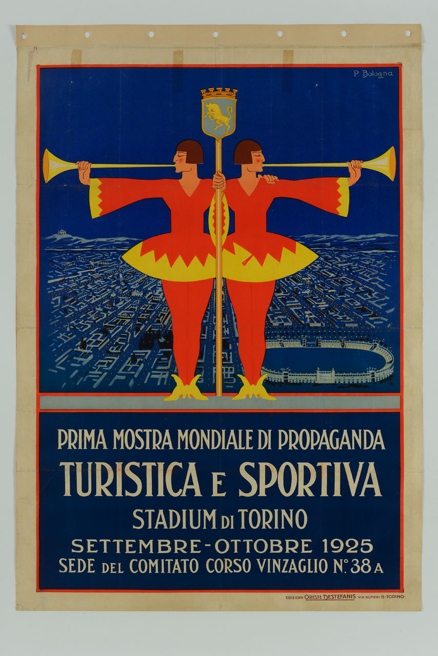 veduta della città di Torino con due trombettieri in costume in primo piano (manifesto) di Bologna Paola (sec. XX)