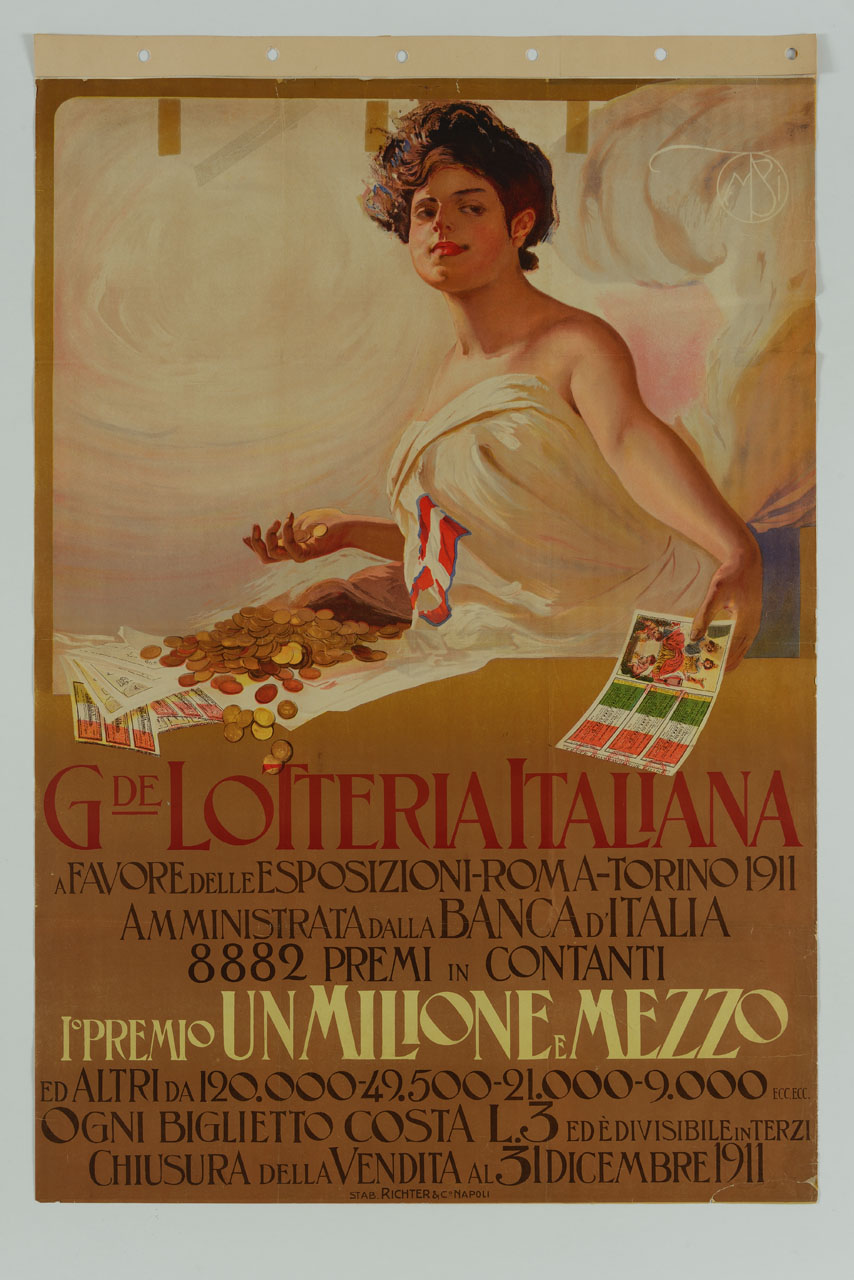 donna avvolta in un drappo con monete e biglietto della lotteria nelle mani (manifesto) di Borgoni Mario (sec. XX)